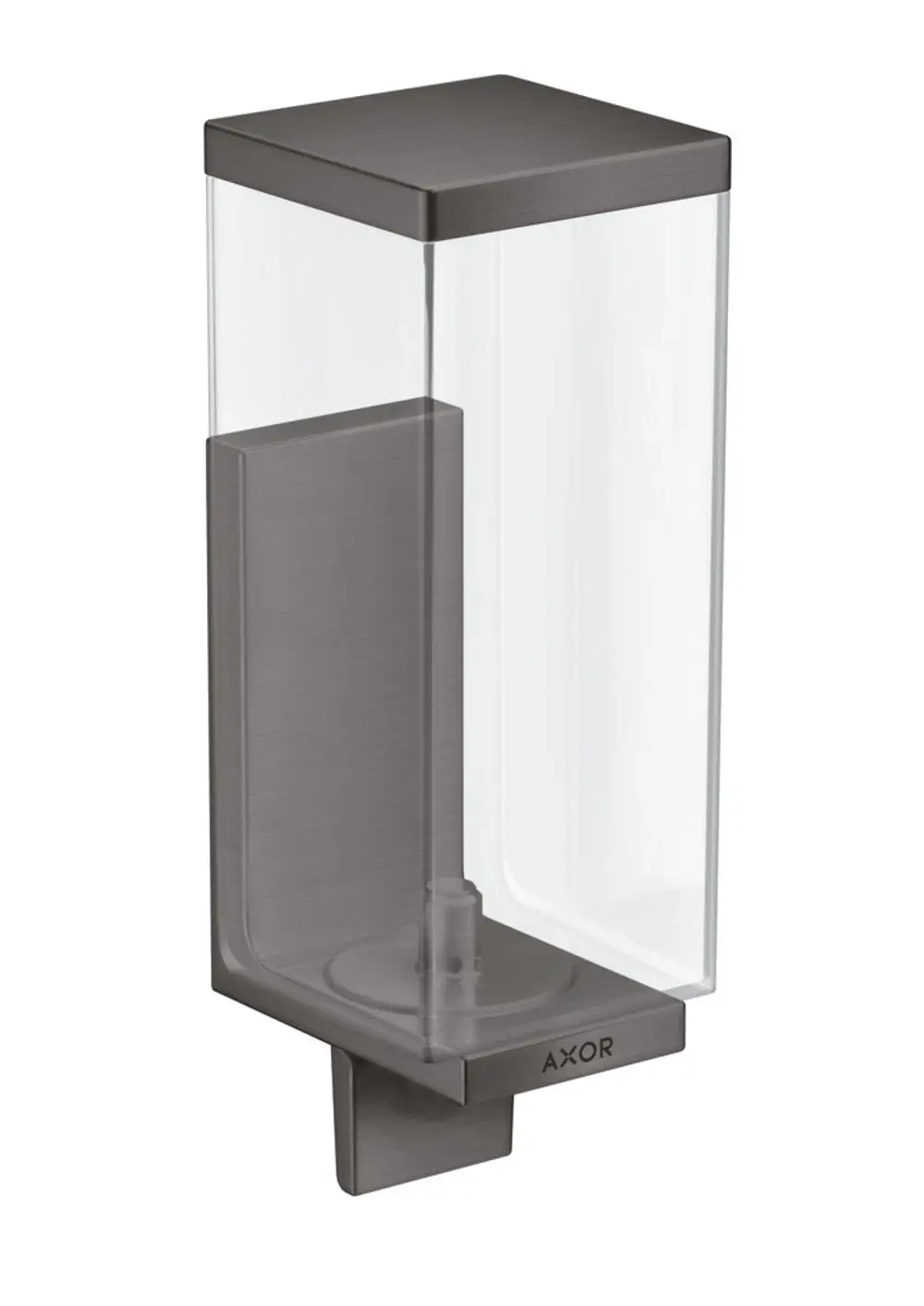 Transparenter Lotionspender mit grauem Metallbasis. Das Produkt ist von AXOR und hat eine rechteckige Form zur Wandmontage.